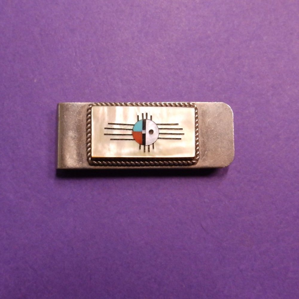 Collectable Zuni tribal money clip hand Marked and made by Hustito